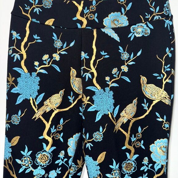 Soft Surroundings Chinoiserie Peacock Printed Pull On Pant - Black/Gold/Blue M - Picture 4 of 6